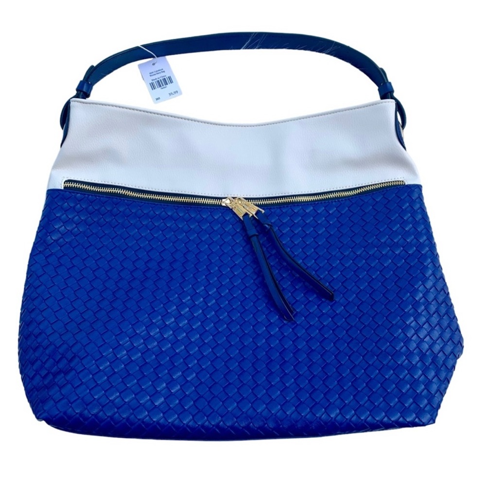 Elegant Blue and Cream Woven Colorblock Handbag Purse NWT
